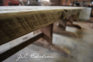 Details: 12 ft Boardroom Table - Two 6 ft independant parts - Reclaimed Threshing Floor Hemlock - Premium epoxy/matte polyurethane finish - Trestle style Base