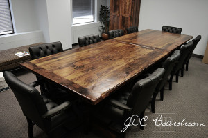 Details: 12 ft Boardroom Table - Two 6 ft independant parts - Reclaimed Threshing Floor Hemlock - Premium epoxy/matte polyurethane finish - Trestle style Base