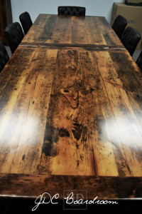 Details: 12 ft Boardroom Table - Two 6 ft independant parts - Reclaimed Threshing Floor Hemlock - Premium epoxy/matte polyurethane finish - Trestle style Base