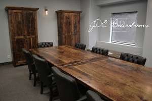 Details: 12 ft Boardroom Table - Two 6 ft independant parts - Reclaimed Threshing Floor Hemlock - Premium epoxy/matte polyurethane finish - Trestle style Base