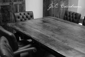 Details: 12 ft Boardroom Table - Two 6 ft independant parts - Reclaimed Threshing Floor Hemlock - Premium epoxy/matte polyurethane finish - Trestle style Base