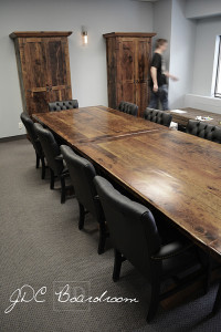 Details: 12 ft Boardroom Table - Two 6 ft independant parts - Reclaimed Threshing Floor Hemlock - Premium epoxy/matte polyurethane finish - Trestle style Base