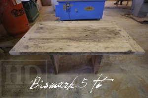 Details: 5 ft Reclaimed Wood Table - 36" wide - Reclaimed Hemlock - 3" plank posts style base - Premium epoxy/matte polyurethane finish Gerald Reinink