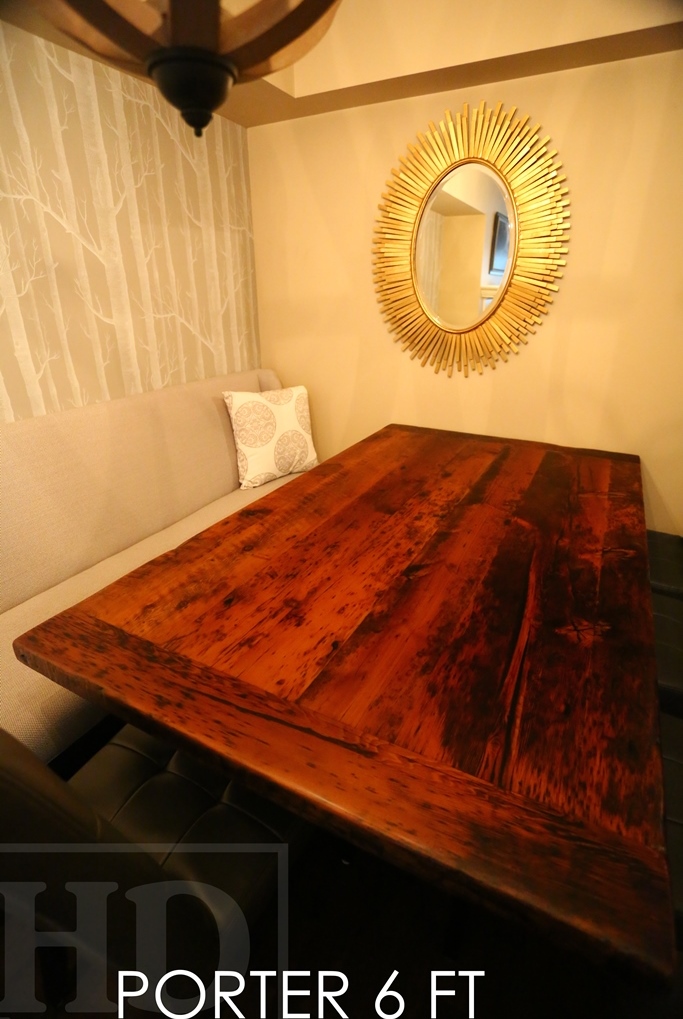 Details: 6 ft Reclaimed Wood Table - 42" wide - Reclaimed Hemlock - Black stain treatment on base - Premium epoxy/matte polyurethane finish 