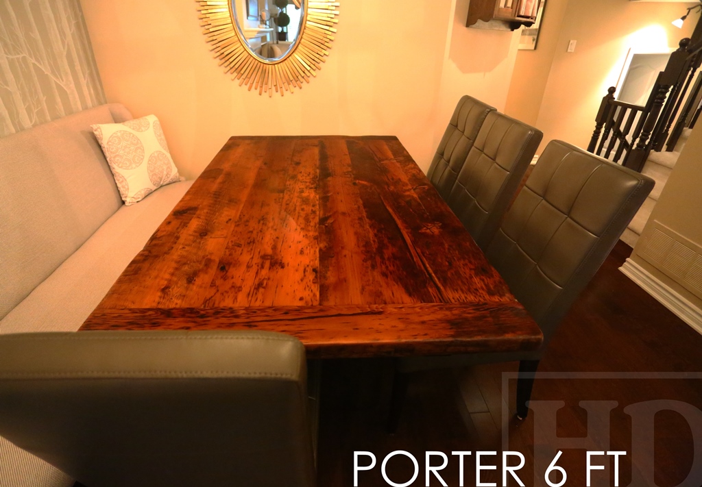 Details: 6 ft Reclaimed Wood Table - 42" wide - Reclaimed Hemlock - Black stain treatment on base - Premium epoxy/matte polyurethane finish 