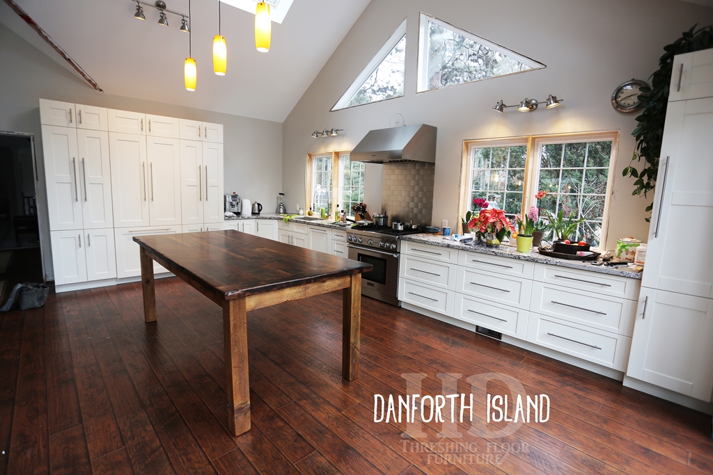 Island Details: 8 ft Island - 44" wide - Harvest Style Base - 36" height - Straight 4" x 4" Legs - Premium epoxy/matte polyurethane finish - Reclaimed Hemlock Threshing Floor Construction Gerald Reinink
