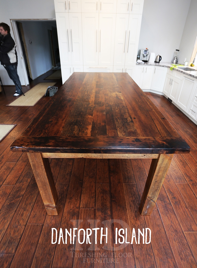 Island Details: 8 ft Island - 44" wide - Harvest Style Base - 36" height - Straight 4" x 4" Legs - Premium epoxy/matte polyurethane finish - Reclaimed Hemlock Threshing Floor Construction Gerald Reinink
