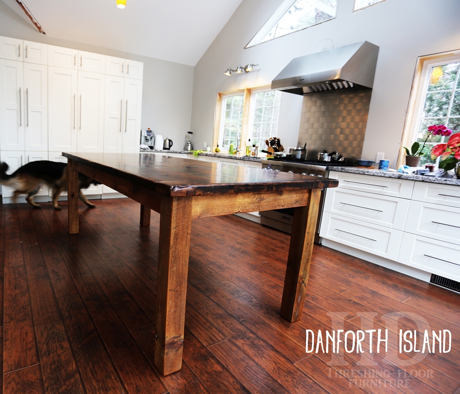 Island Details: 8 ft Island - 44" wide - Harvest Style Base - 36" height - Straight 4" x 4" Legs - Premium epoxy/matte polyurethane finish - Reclaimed Hemlock Threshing Floor Construction Gerald Reinink
