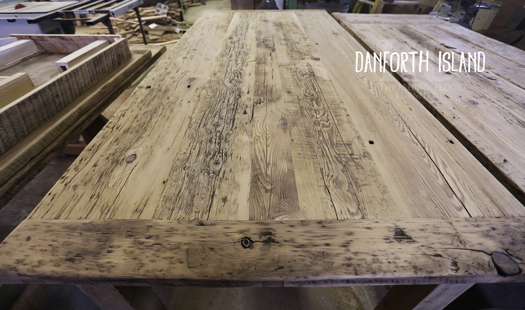 Island Details: 8 ft Island - 44" wide - Harvest Style Base - 36" height - Straight 4" x 4" Legs - Premium epoxy/matte polyurethane finish - Reclaimed Hemlock Threshing Floor Construction Gerald Reinink