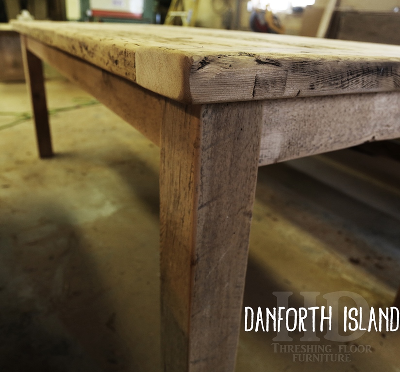 Island Details: 8 ft Island - 44" wide - Harvest Style Base - 36" height - Straight 4" x 4" Legs - Premium epoxy/matte polyurethane finish - Reclaimed Hemlock Threshing Floor Construction Gerald Reinink