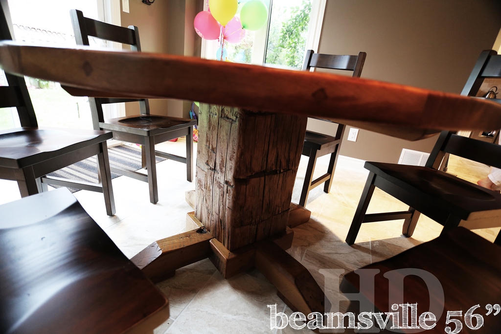 Table: 56" Round Pedestal - 30" height - Reclaimed Hand-Hewn Barn Beam Post - Premium epoxy/matte polyurethane finish - Reclaimed Pine Threshing Floor 2" Top - 6 Ladder Back Chairs Gerald Reinink