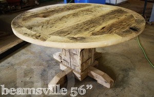 Table: 56" Round Pedestal - 30" height - Reclaimed Hand-Hewn Barn Beam Post - Premium epoxy/matte polyurethane finish - Reclaimed Pine Threshing Floor 2" Top - 6 Ladder Back Chairs Gerald Reinink