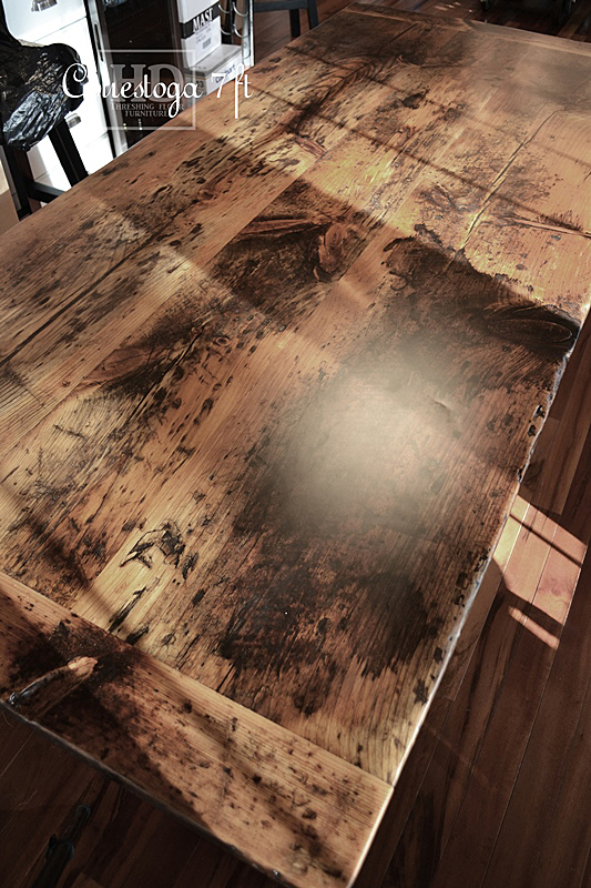 Details: 7 ft Harvest Table - 38" wide - Reclaimed Pine Threshing Floor - Black skirting & Legs - Tapered with a Notch Legs - Premium epoxy/matte polyurethane finish
