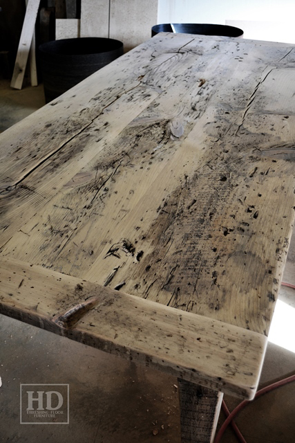Details: 7 ft Harvest Table - 38" wide - Reclaimed Pine Threshing Floor - Black skirting & Legs - Tapered with a Notch Legs - Premium epoxy/matte polyurethane finish
