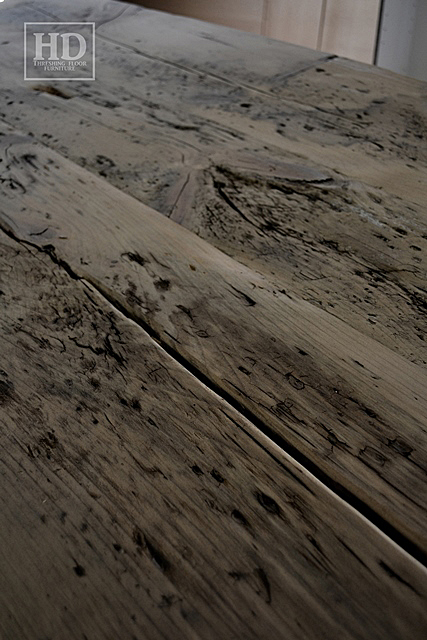Details: 7 ft Harvest Table - 38" wide - Reclaimed Pine Threshing Floor - Black skirting & Legs - Tapered with a Notch Legs - Premium epoxy/matte polyurethane finish
