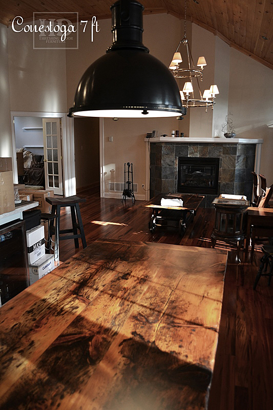 Details: 7 ft Harvest Table - 38" wide - Reclaimed Pine Threshing Floor - Black skirting & Legs - Tapered with a Notch Legs - Premium epoxy/matte polyurethane finish