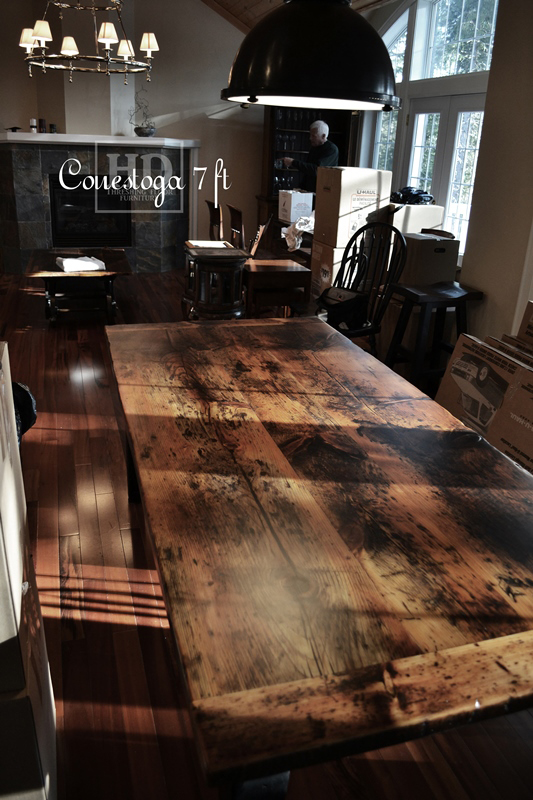 Details: 7 ft Harvest Table - 38" wide - Reclaimed Pine Threshing Floor - Black skirting & Legs - Tapered with a Notch Legs - Premium epoxy/matte polyurethane finish