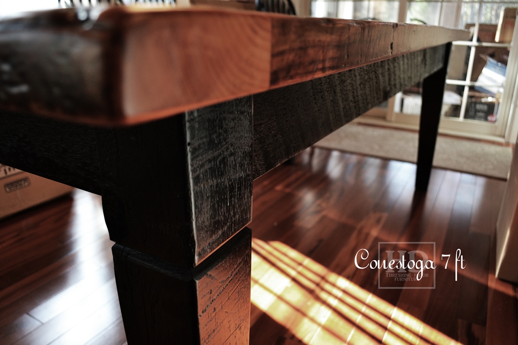 Details: 7 ft Harvest Table - 38" wide - Reclaimed Pine Threshing Floor - Black skirting & Legs - Tapered with a Notch Legs - Premium epoxy/matte polyurethane finish