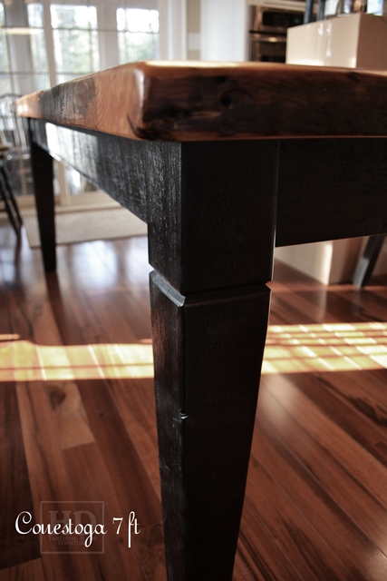 Details: 7 ft Harvest Table - 38" wide - Reclaimed Pine Threshing Floor - Black skirting & Legs - Tapered with a Notch Legs - Premium epoxy/matte polyurethane finish