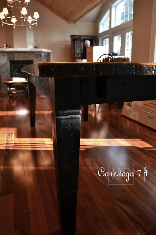 Details: 7 ft Harvest Table - 38" wide - Reclaimed Pine Threshing Floor - Black skirting & Legs - Tapered with a Notch Legs - Premium epoxy/matte polyurethane finish
