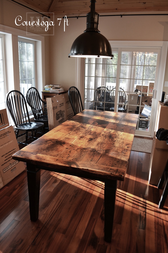 Details: 7 ft Harvest Table - 38" wide - Reclaimed Pine Threshing Floor - Black skirting & Legs - Tapered with a Notch Legs - Premium epoxy/matte polyurethane finish