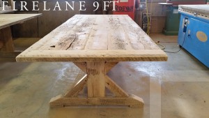Specs: 9 ft Sawbuck Table - 46" wide - Premium epoxy/matte polyurethane finish - Reclaimed Threshing Floor Hemlock - 6.5" bread-edge boards Gerald Reinink