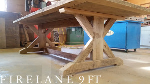 Specs: 9 ft Sawbuck Table - 46" wide - Premium epoxy/matte polyurethane finish - Reclaimed Threshing Floor Hemlock - 6.5" bread-edge boards Gerald Reinink