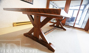 Specs: 9 ft Sawbuck Table - 46" wide - Premium epoxy/matte polyurethane finish - Reclaimed Threshing Floor Hemlock - 6.5" bread-edge boards Gerald Reinink