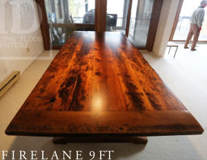 Specs: 9 ft Sawbuck Table - 46" wide - Premium epoxy/matte polyurethane finish - Reclaimed Threshing Floor Hemlock - 6.5" bread-edge boards Gerald Reinink