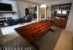Specs: 9 ft Sawbuck Table - 46" wide - Premium epoxy/matte polyurethane finish - Reclaimed Threshing Floor Hemlock - 6.5" bread-edge boards Gerald Reinink