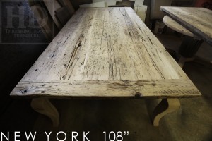Table details: 108" Harvest Table - 54" wide - Premium epoxy resin + matte polyurethane finish - Reclaimed Hemlock Barnwood Threshing Floor - 2" Top - Cabriole Legs - Gerald Reinink