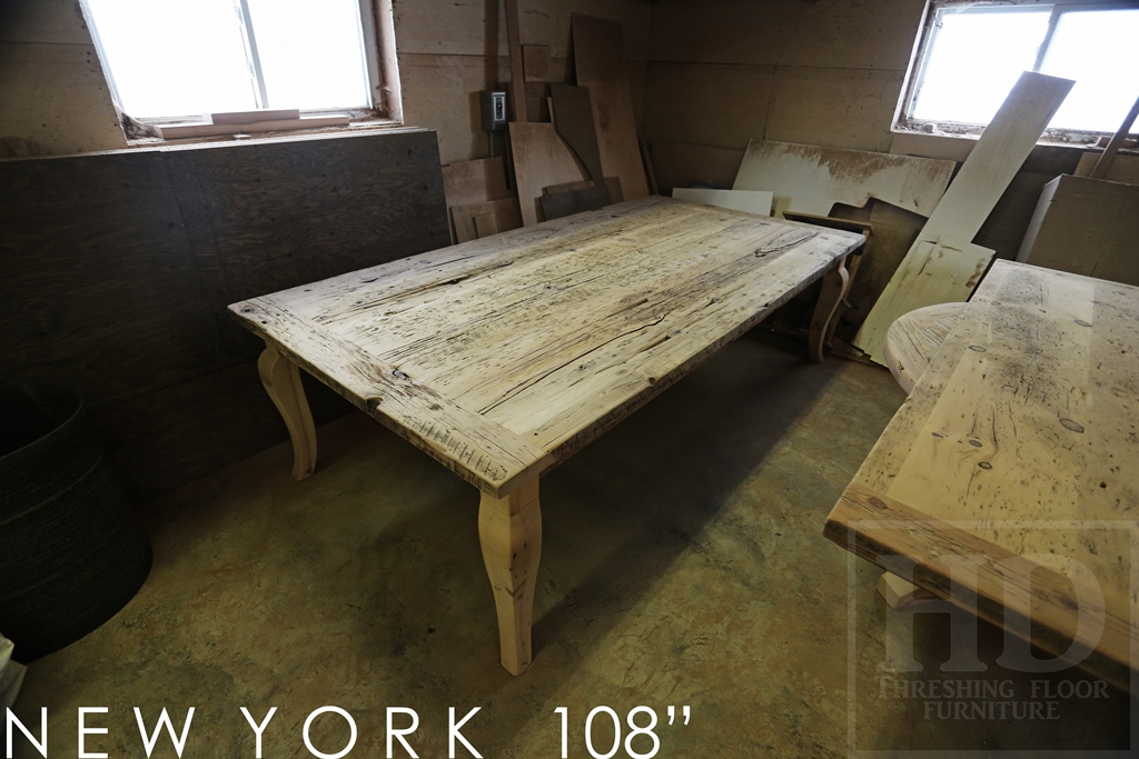 Table details: 108" Harvest Table - 54" wide - Premium epoxy resin + matte polyurethane finish - Reclaimed Hemlock Barnwood Threshing Floor - 2" Top - Cabriole Legs - Gerald Reinink