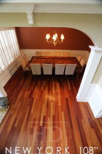 Table details: 108" Harvest Table - 54" wide - Premium epoxy resin + matte polyurethane finish - Reclaimed Hemlock Barnwood Threshing Floor - 2" Top - Cabriole Legs - Gerald Reinink