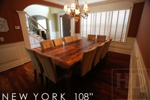 Table details: 108" Harvest Table - 54" wide - Premium epoxy resin + matte polyurethane finish - Reclaimed Hemlock Barnwood Threshing Floor - 2" Top - Cabriole Legs - Gerald Reinink