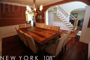 Table details: 108" Harvest Table - 54" wide - Premium epoxy resin + matte polyurethane finish - Reclaimed Hemlock Barnwood Threshing Floor - 2" Top - Cabriole Legs - Gerald Reinink