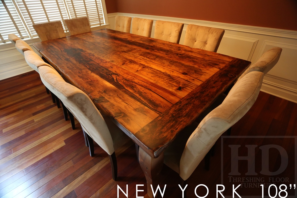 Table details: 108" Harvest Table - 54" wide - Premium epoxy resin + matte polyurethane finish - Reclaimed Hemlock Barnwood Threshing Floor - 2" Top - Cabriole Legs - Gerald Reinink