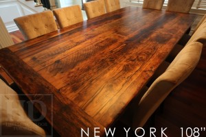 Table details: 108" Harvest Table - 54" wide - Premium epoxy resin + matte polyurethane finish - Reclaimed Hemlock Barnwood Threshing Floor - 2" Top - Cabriole Legs - Gerald Reinink