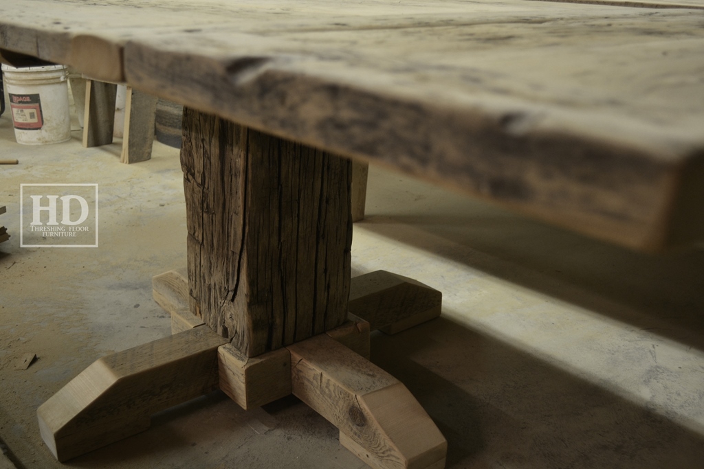 Details of Table - 48" Pedestal Table - 42" wide - Hand-Hewn Beam Pedestal Base - Reclaimed Threshing Floor Pine - Premium epoxy/matte polyurethane finish - Two 18" leaves Gerald Reinink