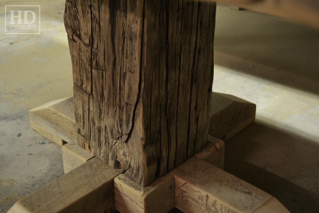 Details of Table - 48" Pedestal Table - 42" wide - Hand-Hewn Beam Pedestal Base - Reclaimed Threshing Floor Pine - Premium epoxy/matte polyurethane finish - Two 18" leaves Gerald Reinink