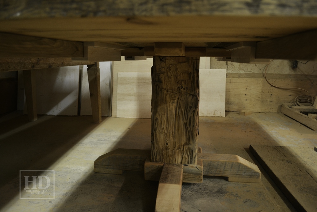 Details of Table - 48" Pedestal Table - 42" wide - Hand-Hewn Beam Pedestal Base - Reclaimed Threshing Floor Pine - Premium epoxy/matte polyurethane finish - Two 18" leaves Gerald Reinink