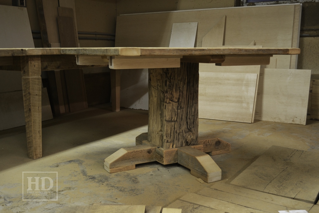 Details of Table - 48" Pedestal Table - 42" wide - Hand-Hewn Beam Pedestal Base - Reclaimed Threshing Floor Pine - Premium epoxy/matte polyurethane finish - Two 18" leaves Gerald Reinink