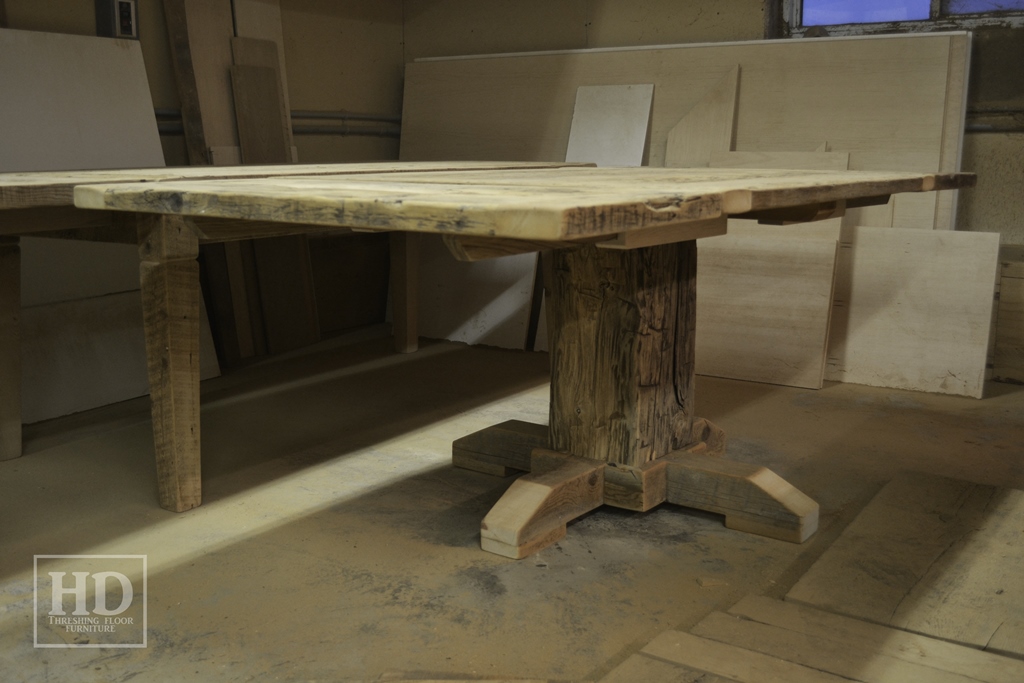 Details of Table - 48" Pedestal Table - 42" wide - Hand-Hewn Beam Pedestal Base - Reclaimed Threshing Floor Pine - Premium epoxy/matte polyurethane finish - Two 18" leaves Gerald Reinink