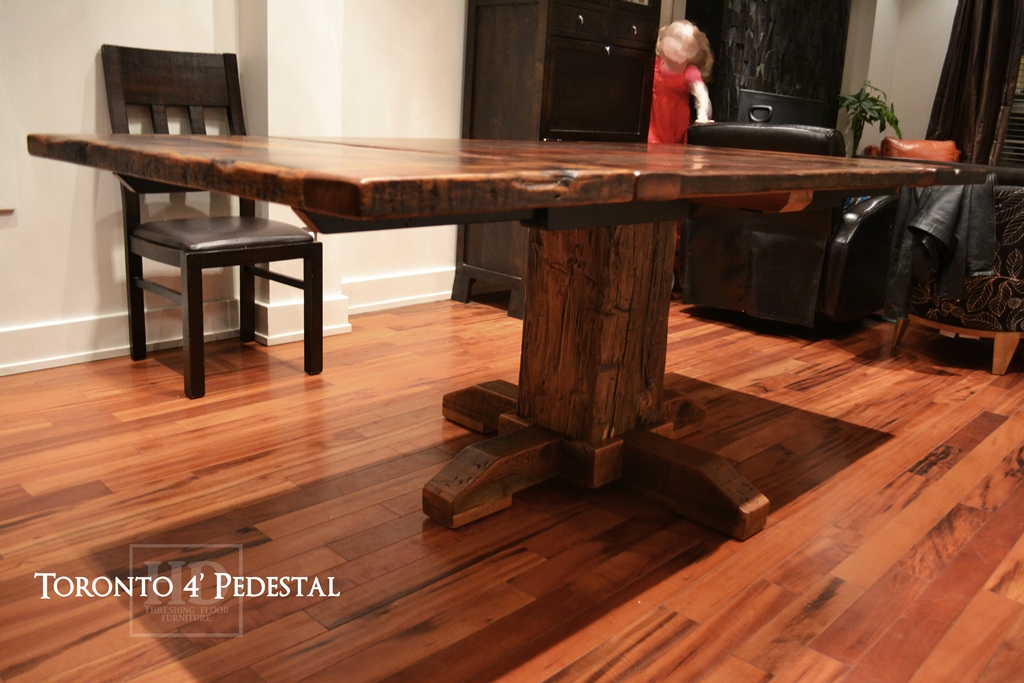 Details of Table - 48" Pedestal Table - 42" wide - Hand-Hewn Beam Pedestal Base - Reclaimed Threshing Floor Pine - Premium epoxy/matte polyurethane finish - Two 18" leaves Gerald Reinink