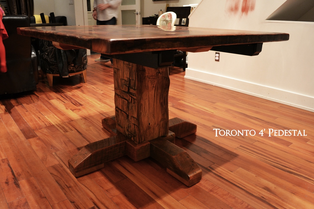 Details of Table - 48" Pedestal Table - 42" wide - Hand-Hewn Beam Pedestal Base - Reclaimed Threshing Floor Pine - Premium epoxy/matte polyurethane finish - Two 18" leaves Gerald Reinink