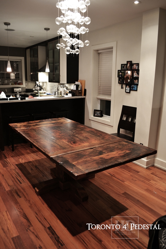 Details of Table - 48" Pedestal Table - 42" wide - Hand-Hewn Beam Pedestal Base - Reclaimed Threshing Floor Pine - Premium epoxy/matte polyurethane finish - Two 18" leaves Gerald Reinink