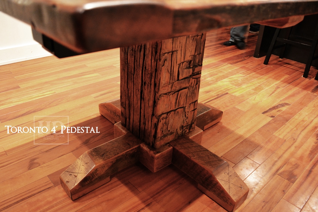 Details of Table - 48" Pedestal Table - 42" wide - Hand-Hewn Beam Pedestal Base - Reclaimed Threshing Floor Pine - Premium epoxy/matte polyurethane finish - Two 18" leaves Gerald Reinink