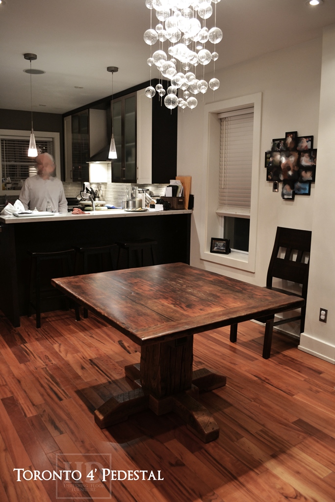 Details of Table - 48" Pedestal Table - 42" wide - Hand-Hewn Beam Pedestal Base - Reclaimed Threshing Floor Pine - Premium epoxy/matte polyurethane finish - Two 18" leaves Gerald Reinink