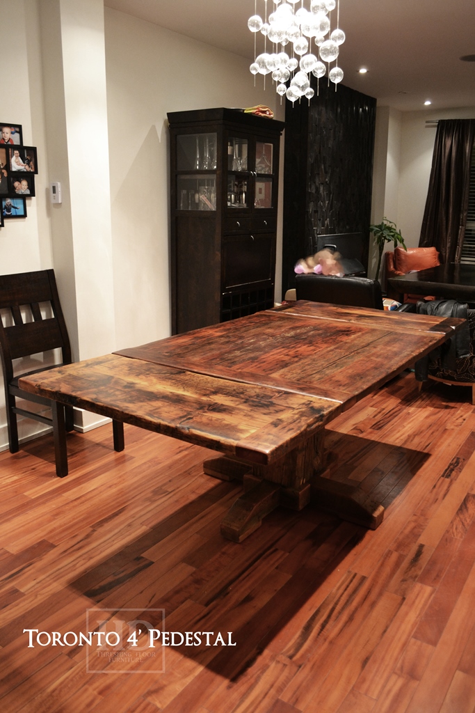Details of Table - 48" Pedestal Table - 42" wide - Hand-Hewn Beam Pedestal Base - Reclaimed Threshing Floor Pine - Premium epoxy/matte polyurethane finish - Two 18" leaves Gerald Reinink