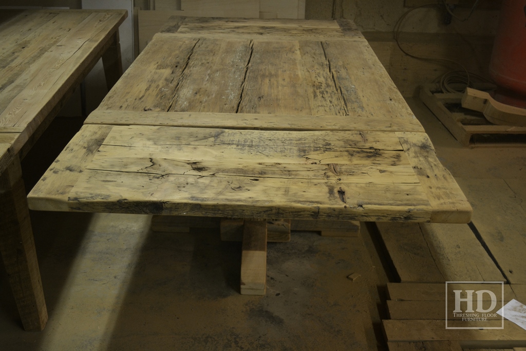 Details of Table - 48" Pedestal Table - 42" wide - Hand-Hewn Beam Pedestal Base - Reclaimed Threshing Floor Pine - Premium epoxy/matte polyurethane finish - Two 18" leaves Gerald Reinink