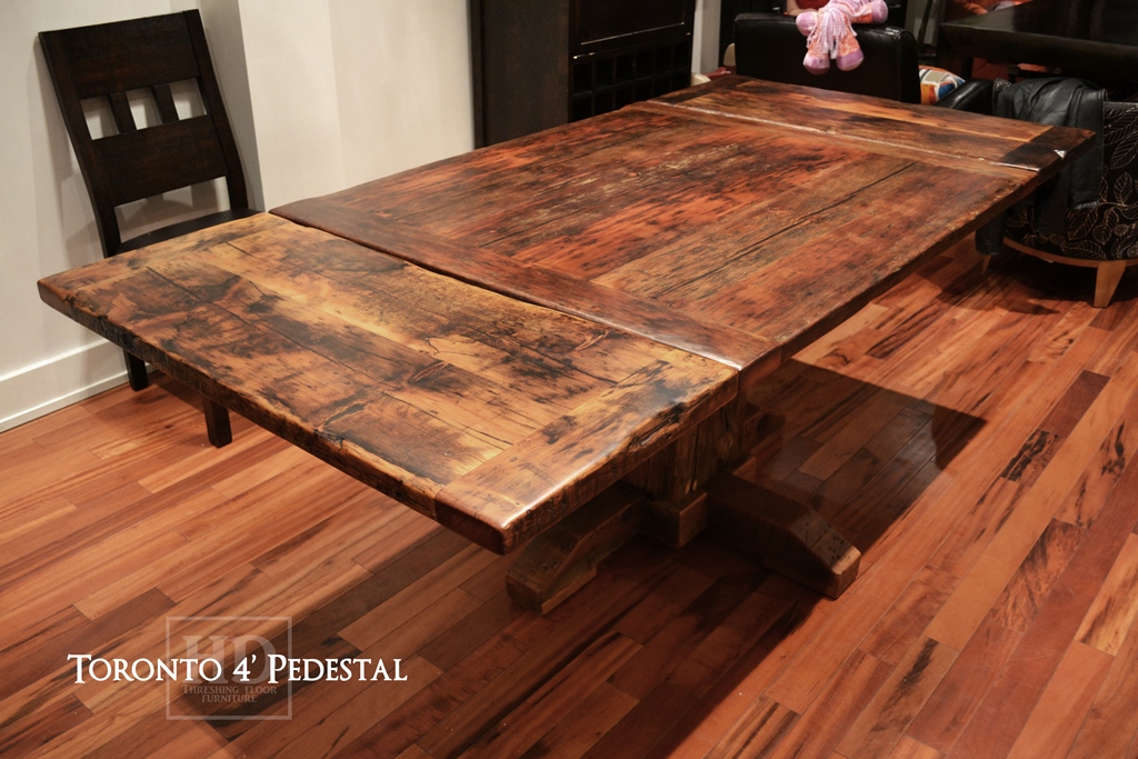 Details of Table - 48" Pedestal Table - 42" wide - Hand-Hewn Beam Pedestal Base - Reclaimed Threshing Floor Pine - Premium epoxy/matte polyurethane finish - Two 18" leaves Gerald Reinink
